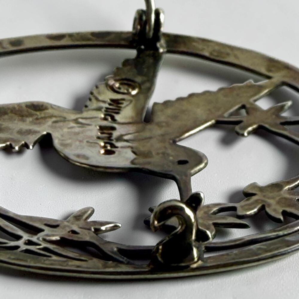 Wild Bryde Hummingbird Brooch Hammered Silver Tone Modernist Bird Circle Pin - Picture 5 of 7